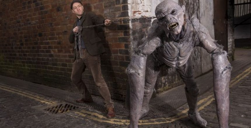 EDITORIAL USE ONLY
Illusionist Derren Brown walks with a four-legged animatronic demonic creature near the Grand Theatre in Wolverhampton, where he is currently performing, as more details of the ÔDerren BrownÕs Ghost TrainÕ are revealed, ahead of itÕs opening date to the public in May 2016 at Thorpe Park Resort in Surrey. PRESS ASSOCIATION Photo. Issue date: Monday April 18, 2016. The demon is one of the characters to feature on the Ghost Train, which will take guests on a 10-15 minutes journey. The attraction integrates live action sequences, 4D special effects, grand-scale illusions, next generation technology, and physical transit. The ride has 12 multiple knee-shaking journeys and two endings, so no two ÔridesÕ will be the same. Photo credit should read: Fabio De Paola/PA Wire